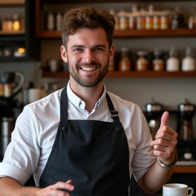Portrait of Ben, a knowledgeable barista at Ember & Mug instructing a workshop