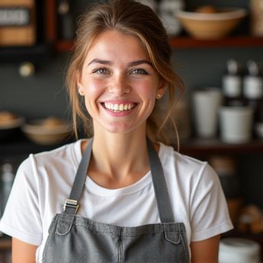 Portrait of Chloe, a cheerful barista at Ember & Mug serving coffee