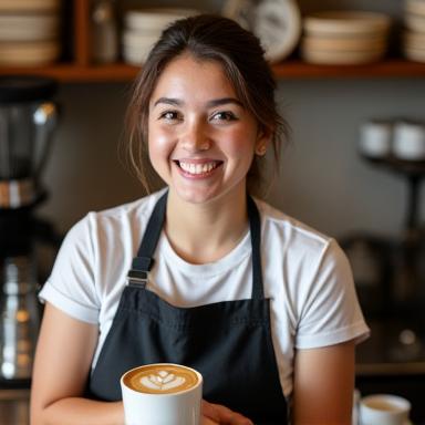 Portrait of Maya, a smiling barista at Ember & Mug