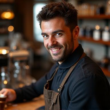Portrait of Sam, a friendly and experienced barista preparing a coffee