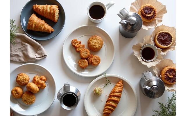 An assortment of pastries and coffee carafes for a catering event