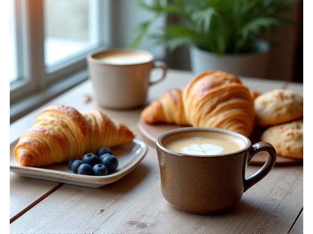 Artisanal coffee and selection of pastries on a rustic wooden table