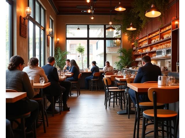 Cozy and warm cafe interior with natural light, customers enjoying coffee