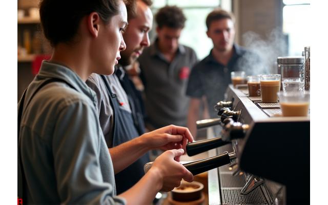 Expert barista teaching latte art at a coffee workshop